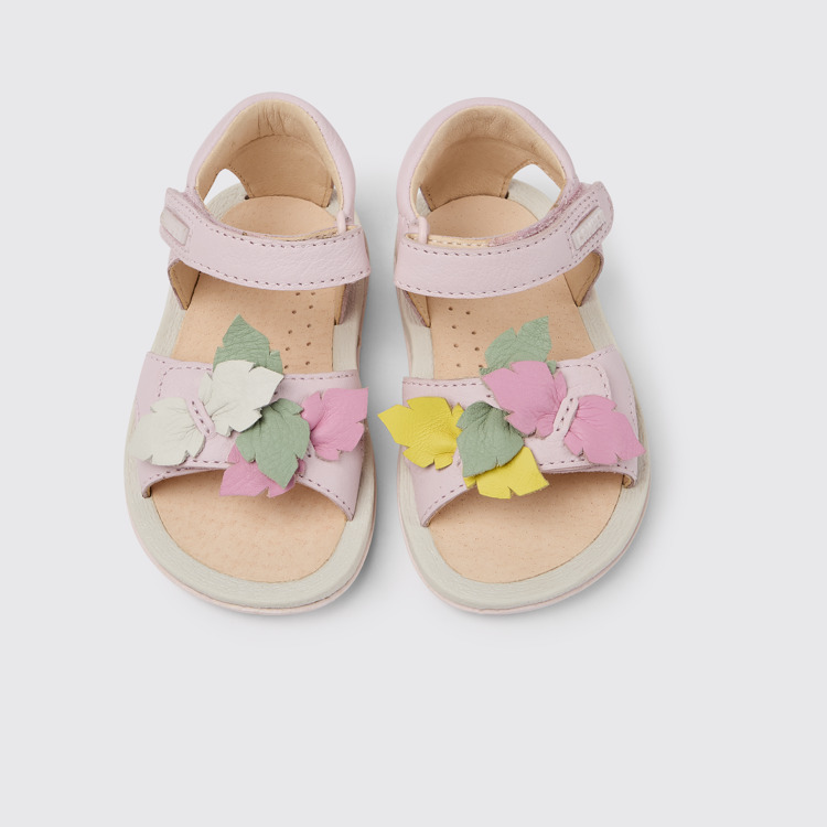 Overhead view of Twins Pink leather sandals for girls