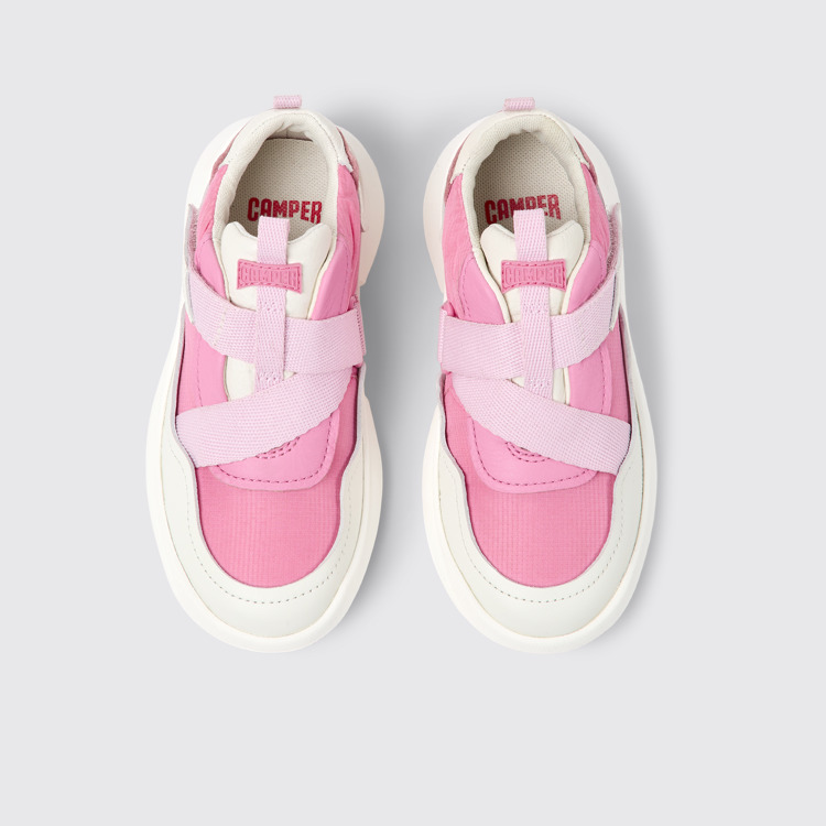 Overhead view of CRCLR Pink leather and textile sneakers for kids