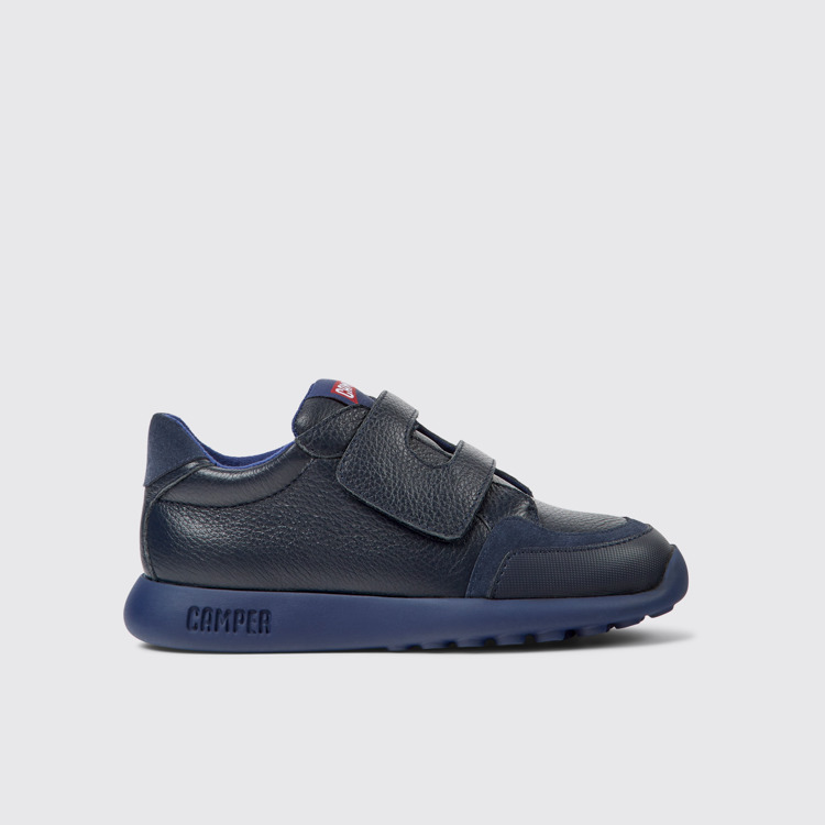 Side view of Driftie Navy blue leather and textile sneakers