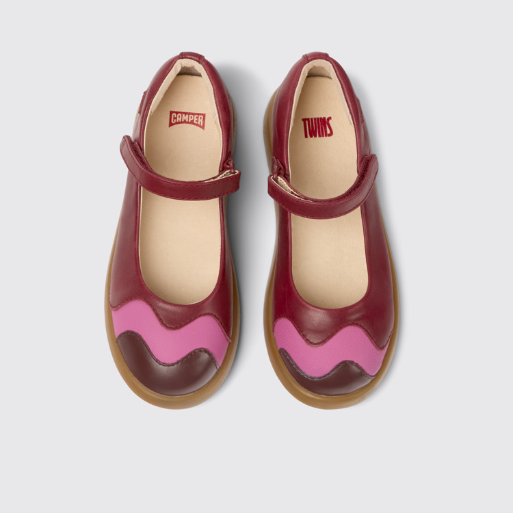 Overhead view of Twins Burgundy and pink leather Mary Jane flats