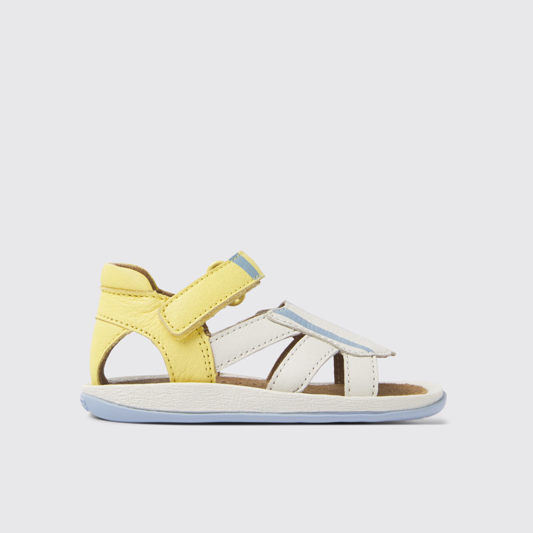 Side view of Twins Yellow and white leather sandals for kids