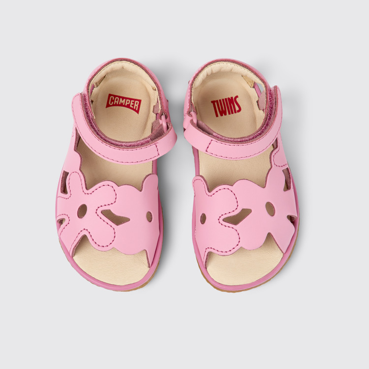 Overhead view of Twins Pink leather sandals for kids