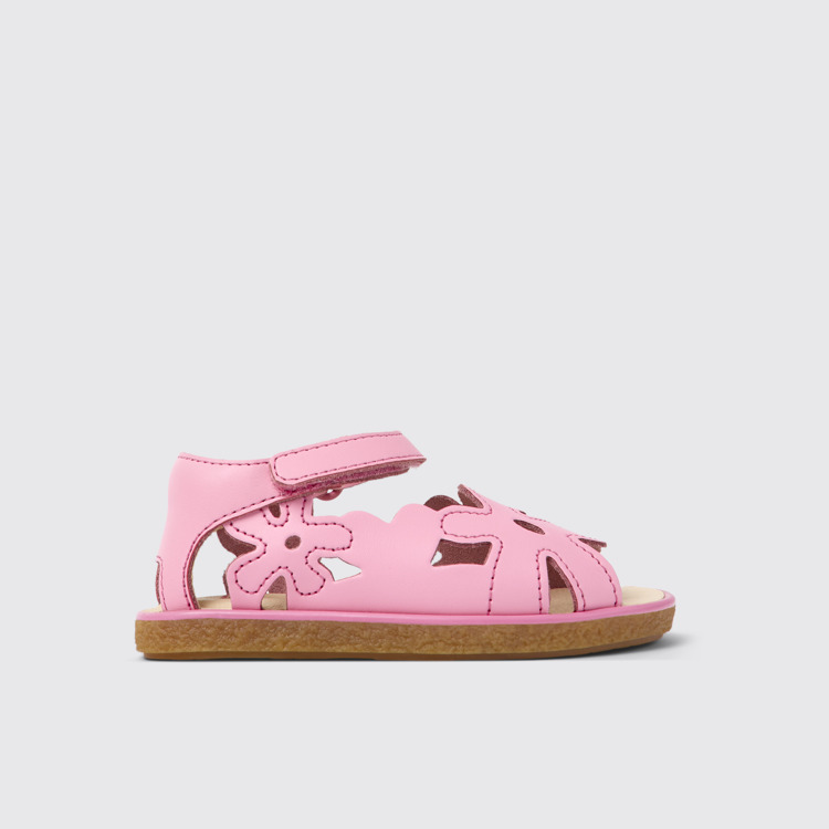 Side view of Twins Pink leather sandals for kids