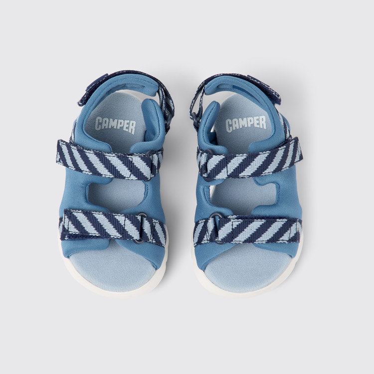 Overhead view of Oruga Blue textile sandals for kids