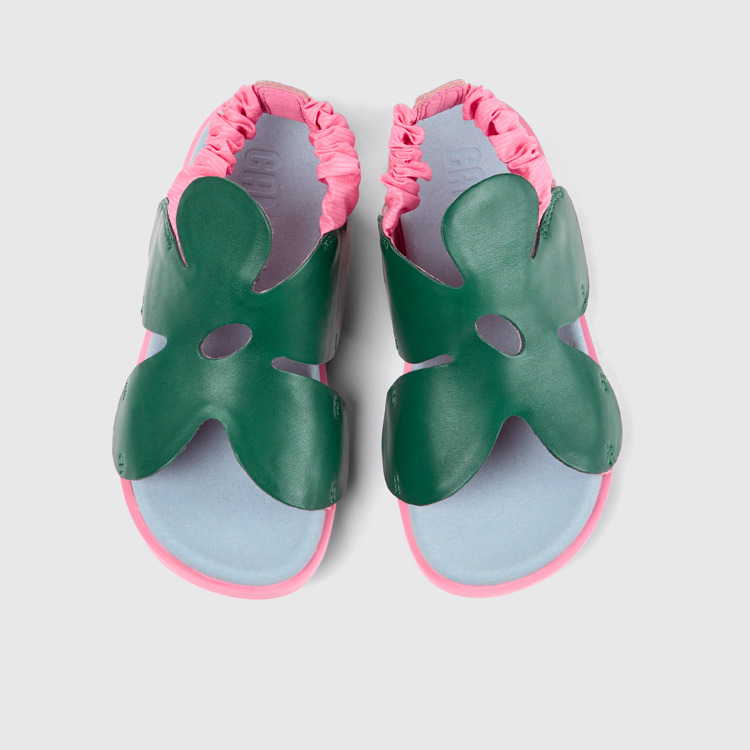 Overhead view of Brutus Sandal Green and pink leather sandals for kids