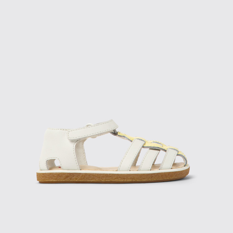 Side view of Miko White and yellow leather sandals for kids