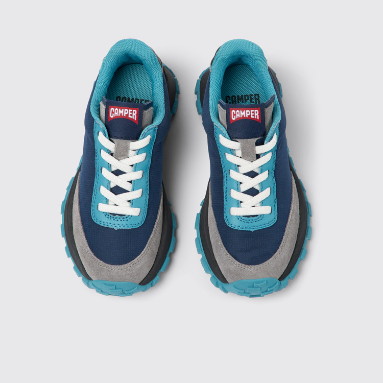 Overhead view of Drift Trail Blue textile and leather sneakers for kids