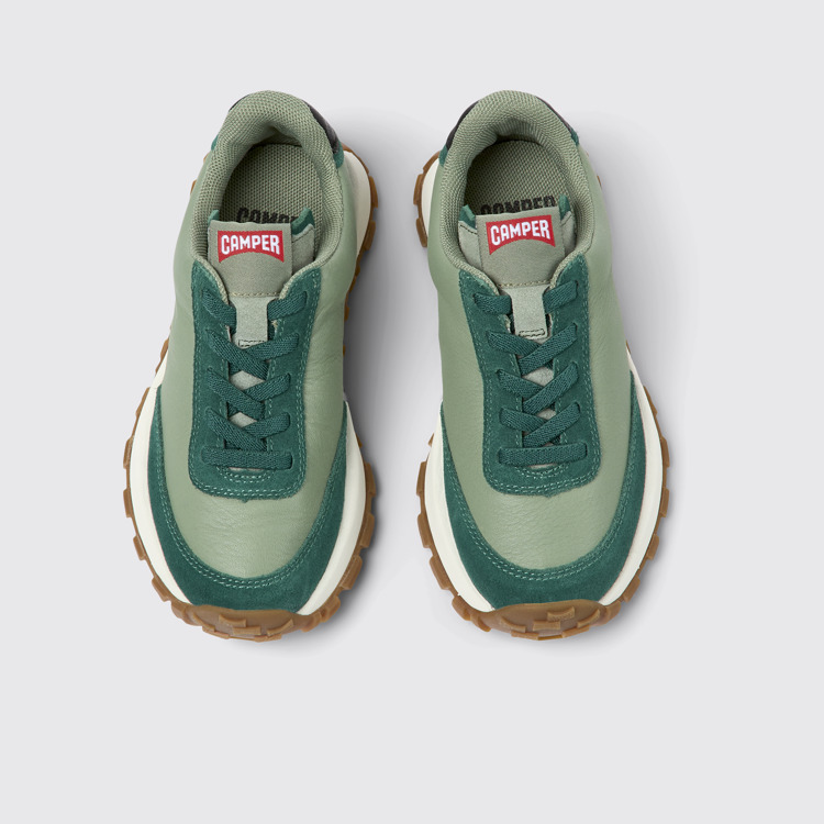 Overhead view of Drift Trail Green leather and nubuck sneakers for kids