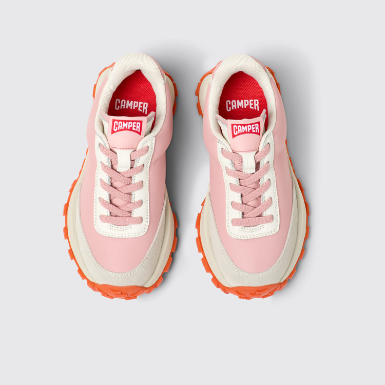 Overhead view of Drift Trail Pink and gray leather and nubuck sneaker