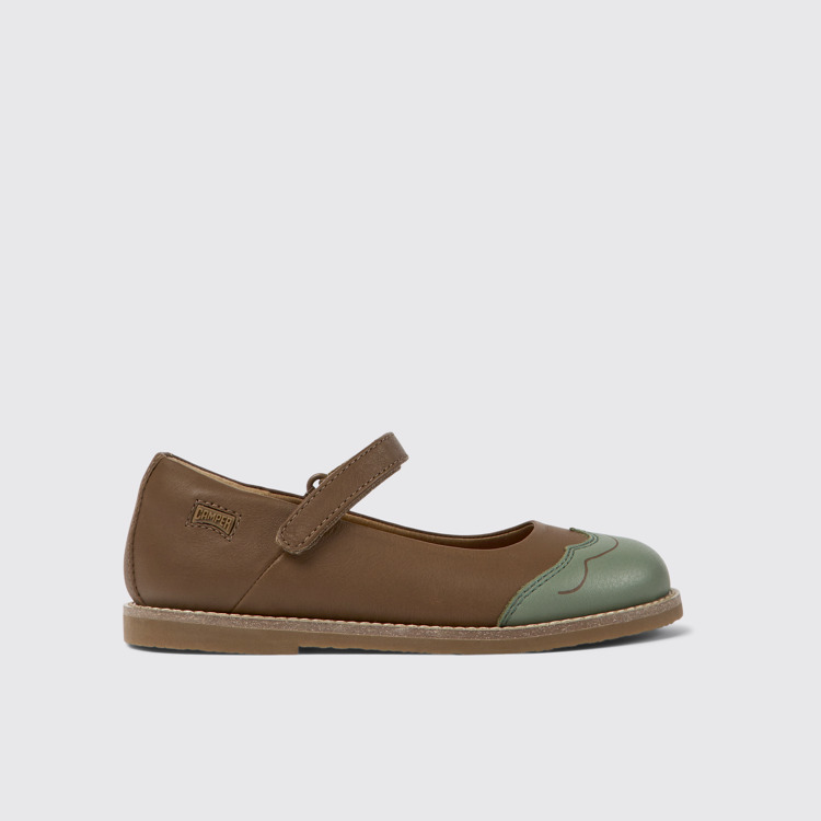 Side view of Twins Brown and green leather ballerinas for kids