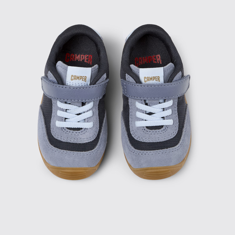 Overhead view of Dadda Blue textile and nubuck sneakers for kids