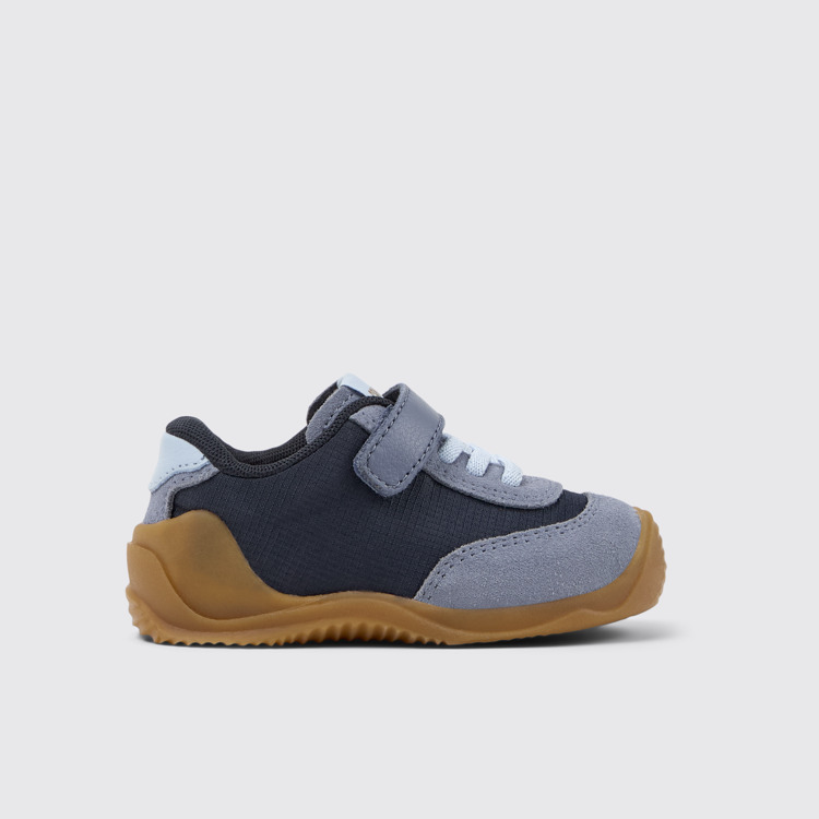 Side view of Dadda Blue textile and nubuck sneakers for kids