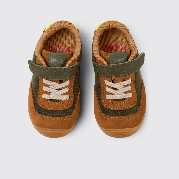 Overhead view of Dadda Green textile and nubuck sneakers for kids