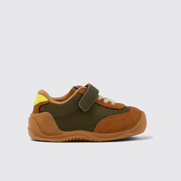 Side view of Dadda Green textile and nubuck sneakers for kids