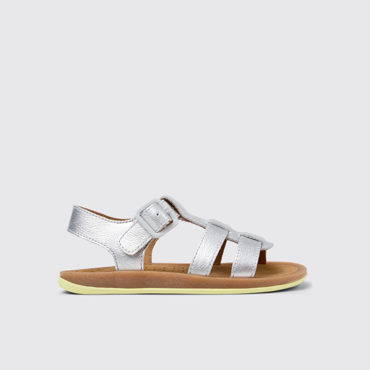 Side view of Bicho Silver Leather Kids' Sandal.