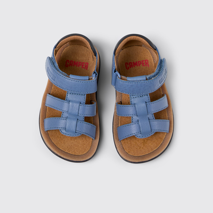 Overhead view of Bicho Blue Leather Kids' Sandal.