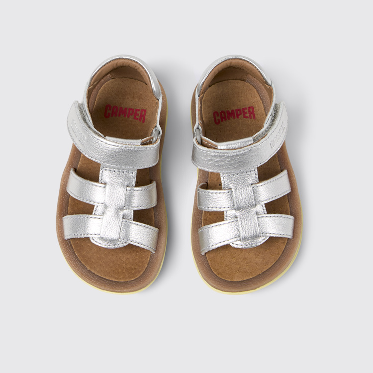 Overhead view of Bicho Silver Leather Kids' Sandal.