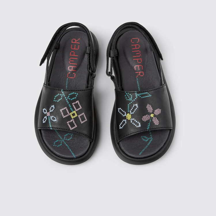 Overhead view of Twins Black Leather Sandals for Kids.