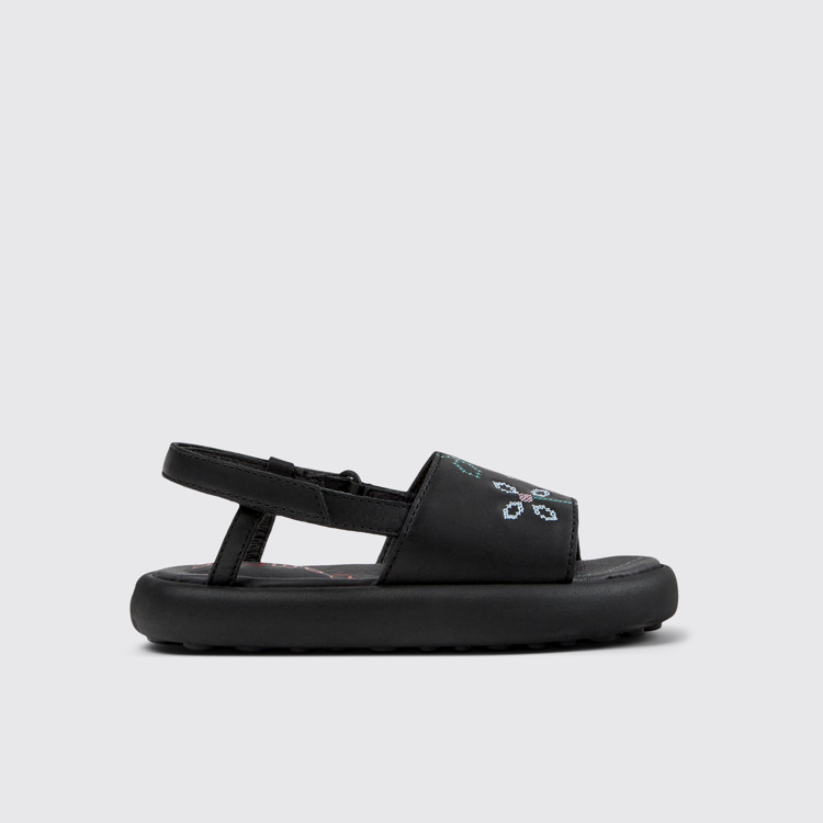 Side view of Twins Black Leather Sandals for Kids.