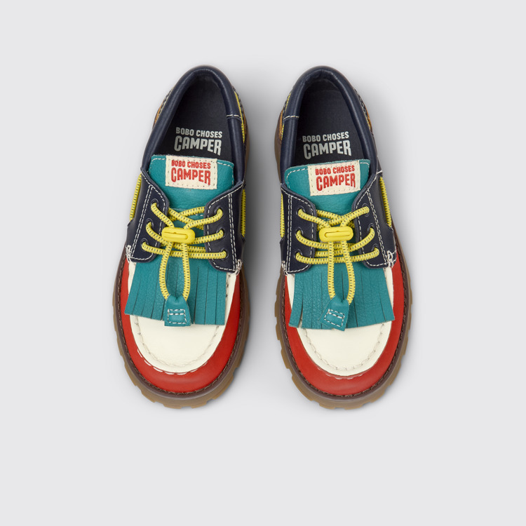 Overhead view of Bobo Choses x Camper Multicolor Leather and Nubuck Moccasins for Kids.