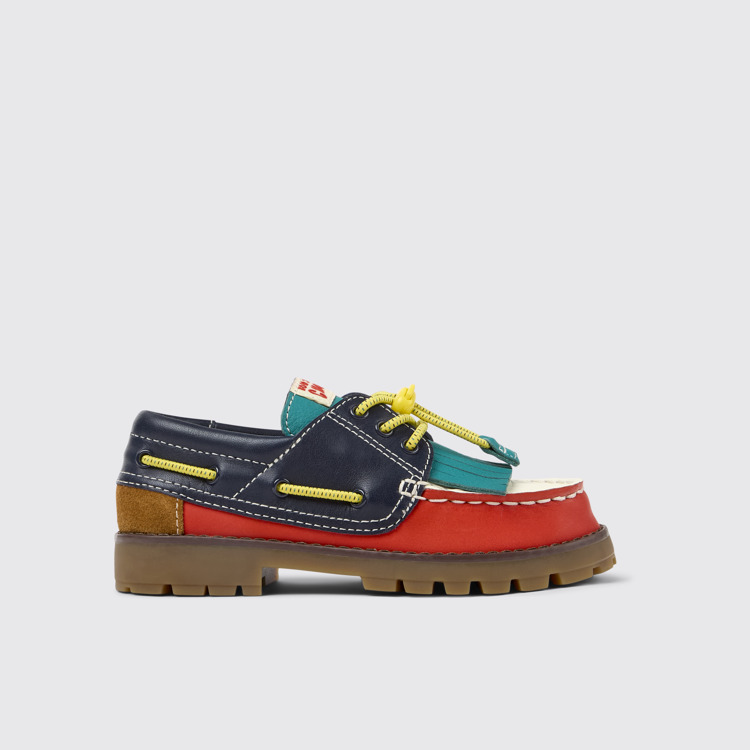 Side view of Bobo Choses x Camper Multicolor Leather and Nubuck Moccasins for Kids.