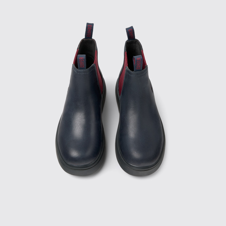 Overhead view of Norte Blue and burgundy leather boots for kids