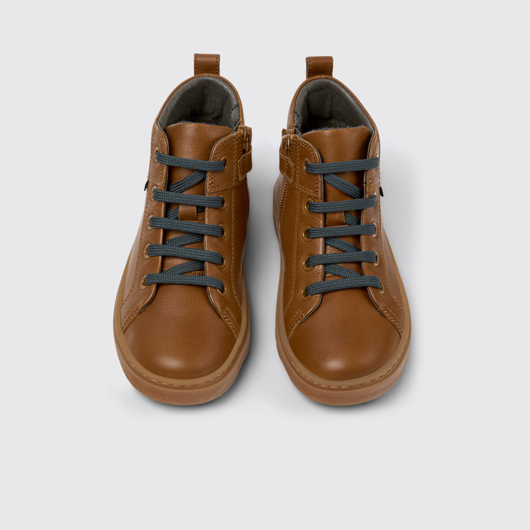 Overhead view of Kiddo Brown leather ankle boots for kids