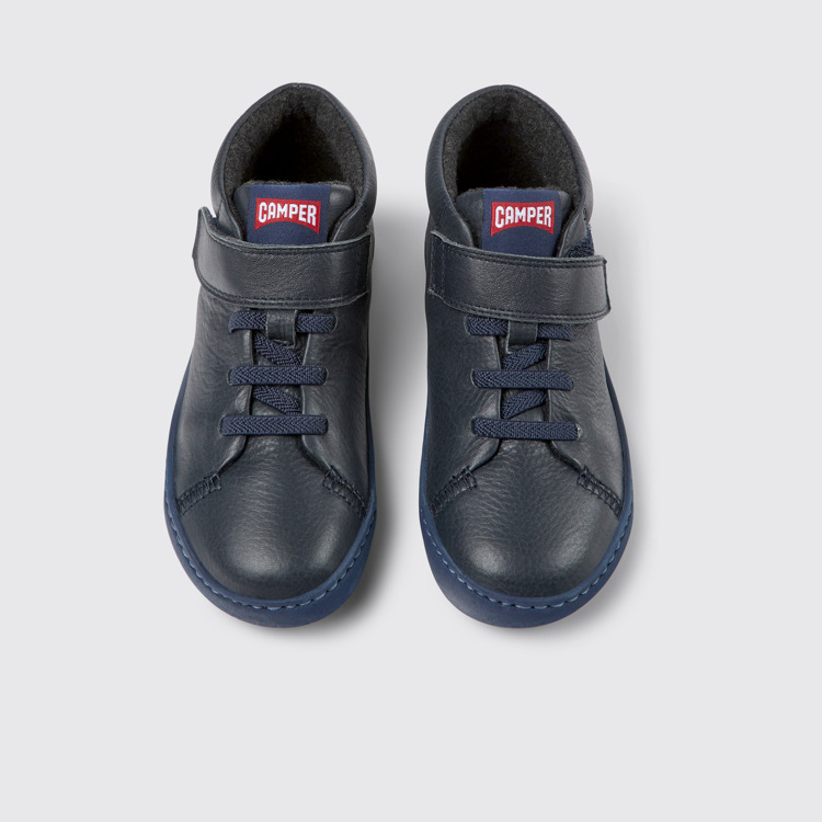 Overhead view of Peu Touring Blue leather ankle boots for kids