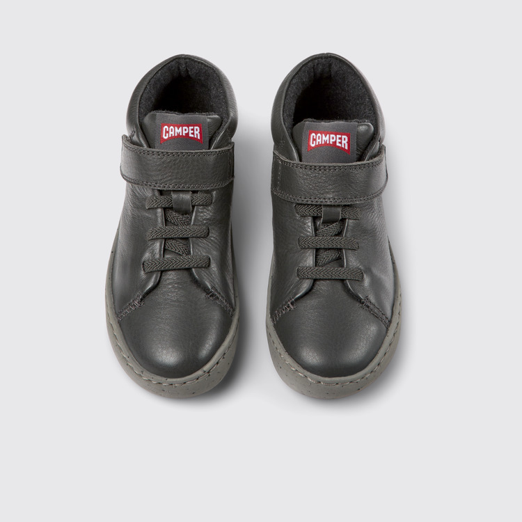 Overhead view of Peu Touring Gray leather ankle boots for kids