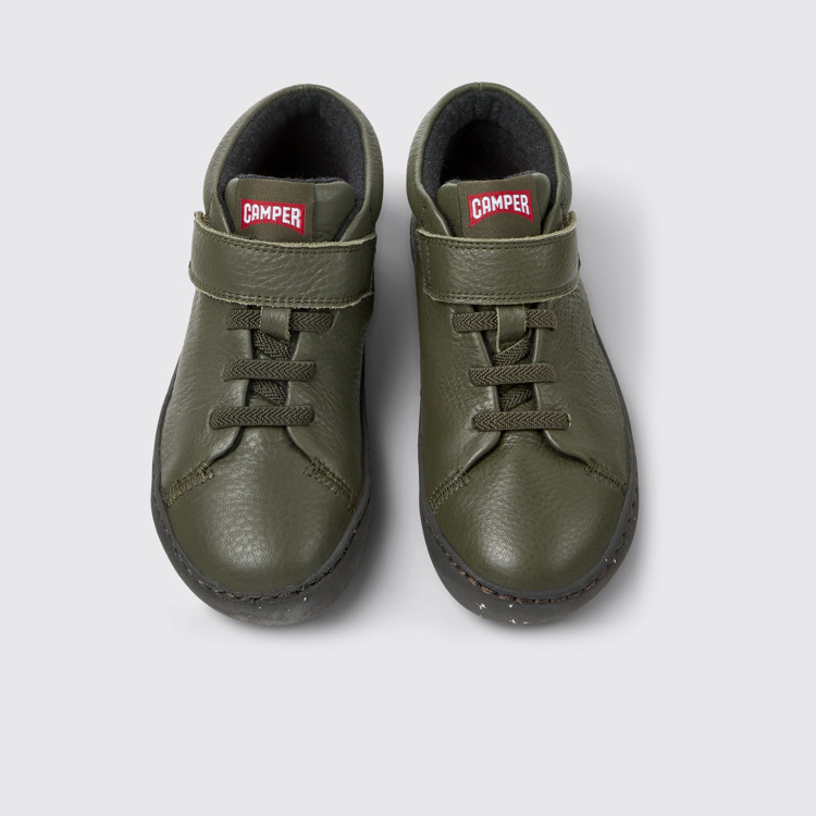 Overhead view of Peu Touring Green leather ankle boots for kids