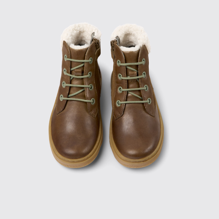 Overhead view of Kiddo Brown leather and nubuck ankle boots for kids