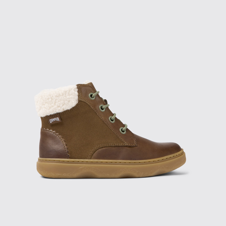 Side view of Kiddo Brown leather and nubuck ankle boots for kids