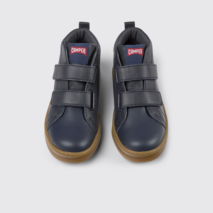 Overhead view of Runner Navy blue leather and textile ankle boots for kids