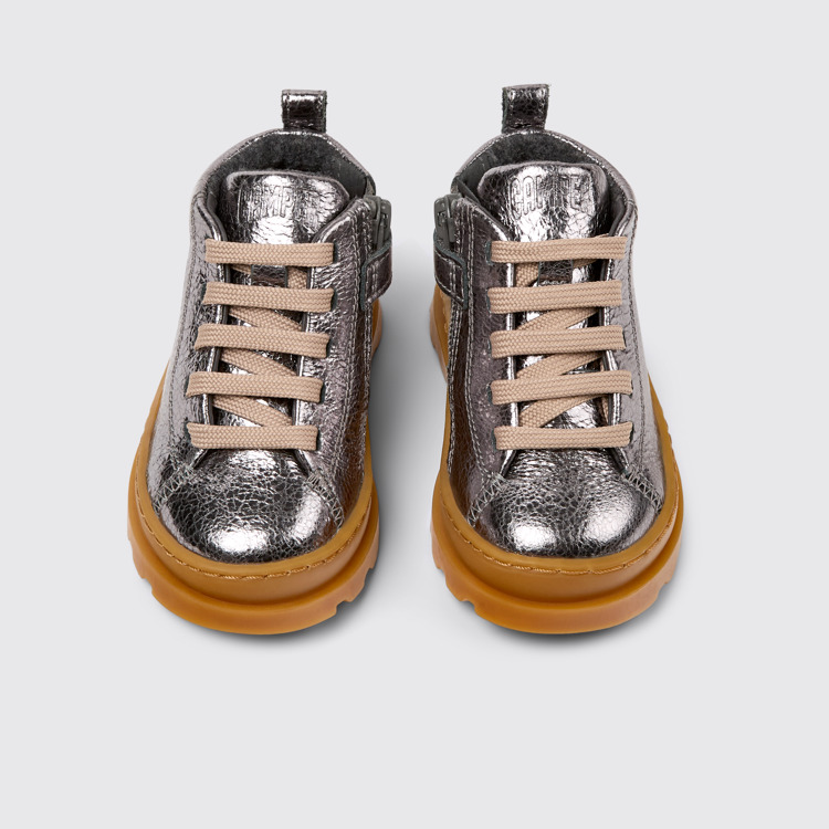 Overhead view of Brutus Metallic gray leather ankle boots for kids