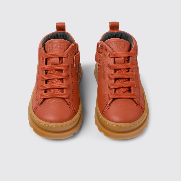 Overhead view of Brutus Red leather ankle boots for kids