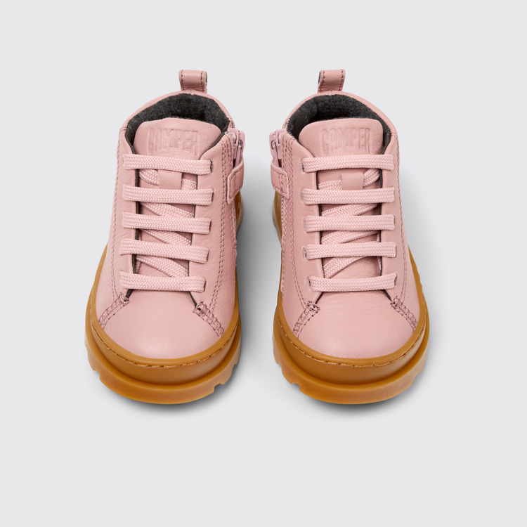 Overhead view of Brutus Pink leather ankle boots for kids