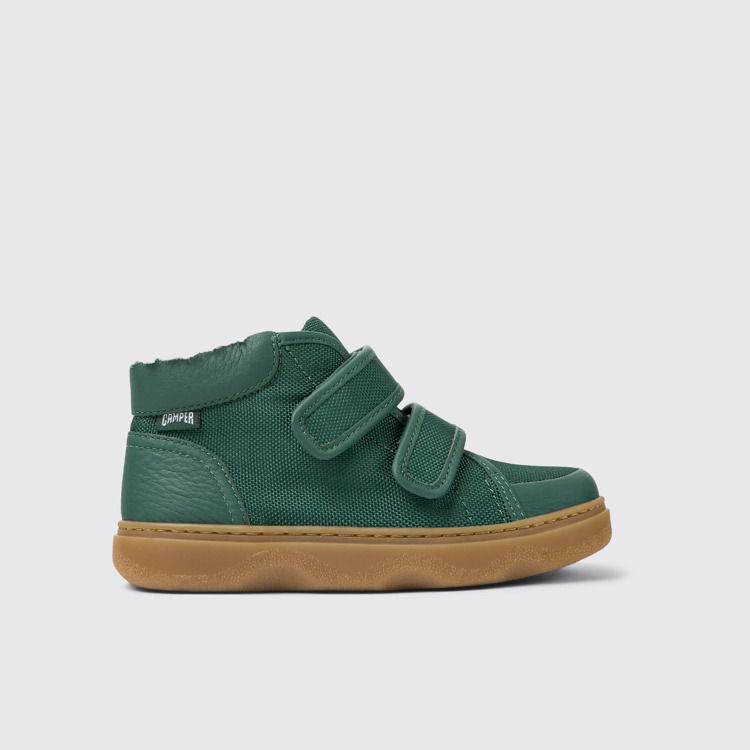 Side view of Kiddo Green leather and textile ankle boots for kids