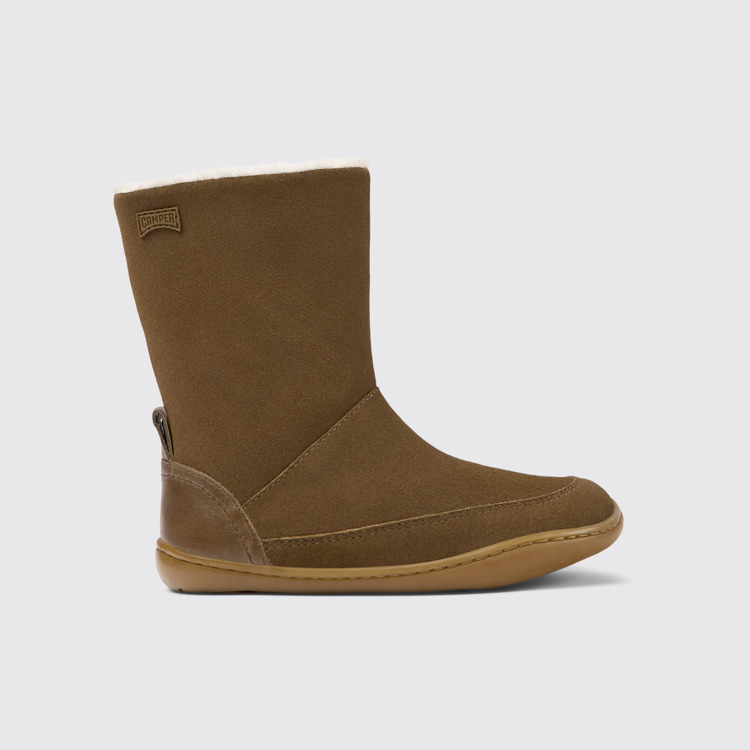 Side view of Peu Brown nubuck and leather boots for kids