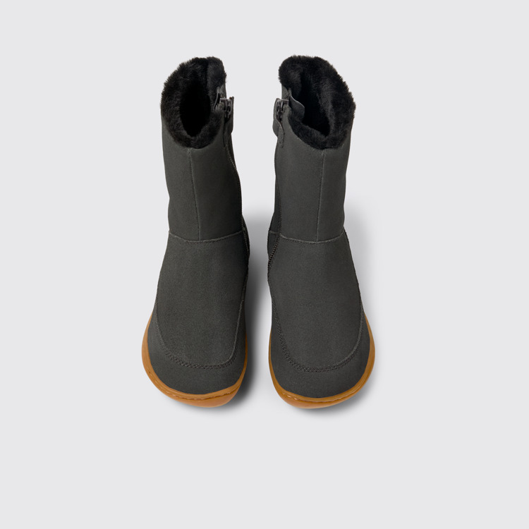 Overhead view of Peu Grey nubuck and leather boots for kids