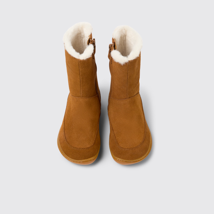 Overhead view of Peu Brown nubuck and leather boots for kids