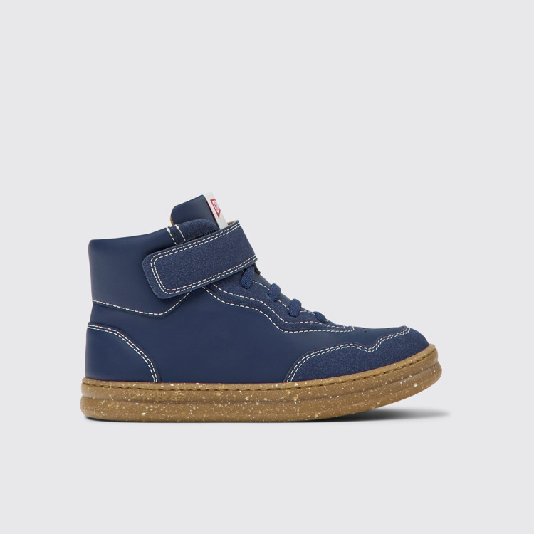 Side view of Runner Dark blue leather and nubuck ankle boots for kids