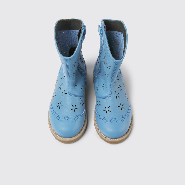 Overhead view of Savina Blue leather boots for kids