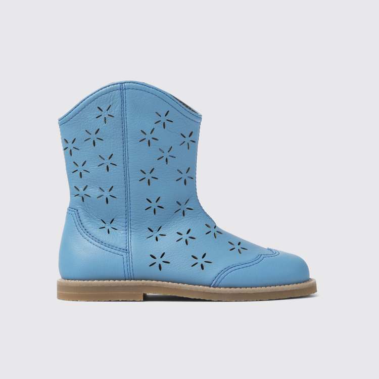 Side view of Savina Blue leather boots for kids