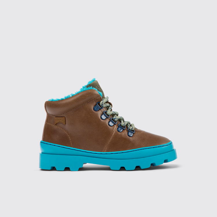 Side view of Brutus Brown leather and textile ankle boots for kids