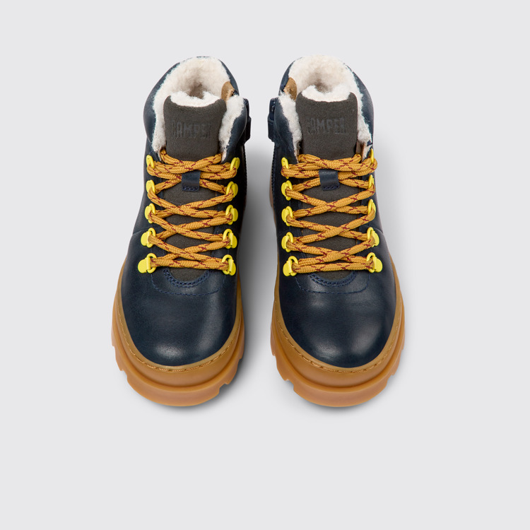 Overhead view of Brutus Navy blue leather and nubuck ankle boots for kids