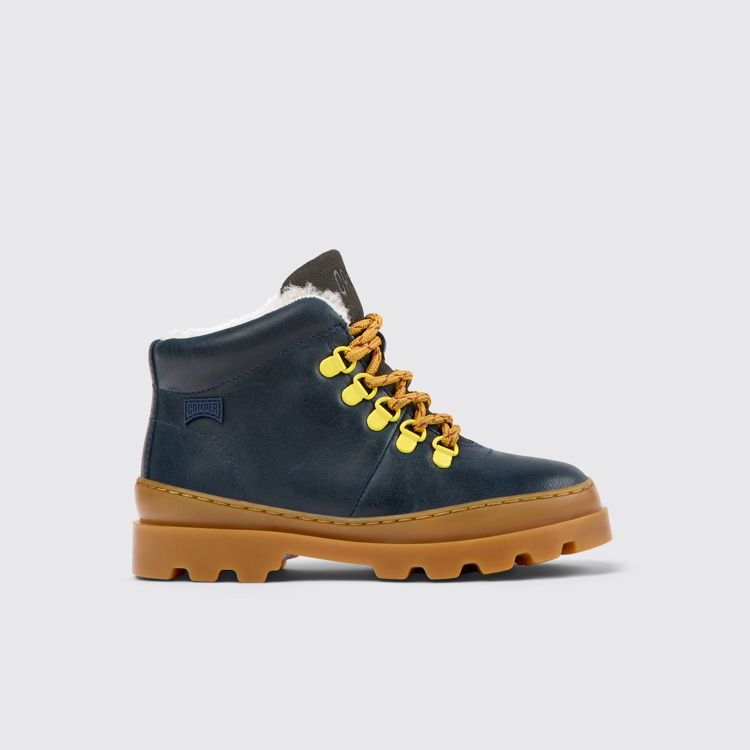 Side view of Brutus Navy blue leather and nubuck ankle boots for kids