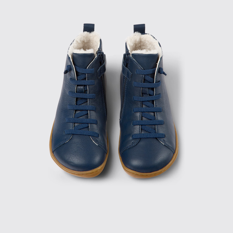 Overhead view of Peu Blue leather ankle boots for kids