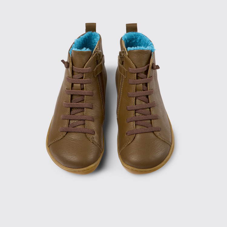 Overhead view of Peu Brown leather ankle boots for kids