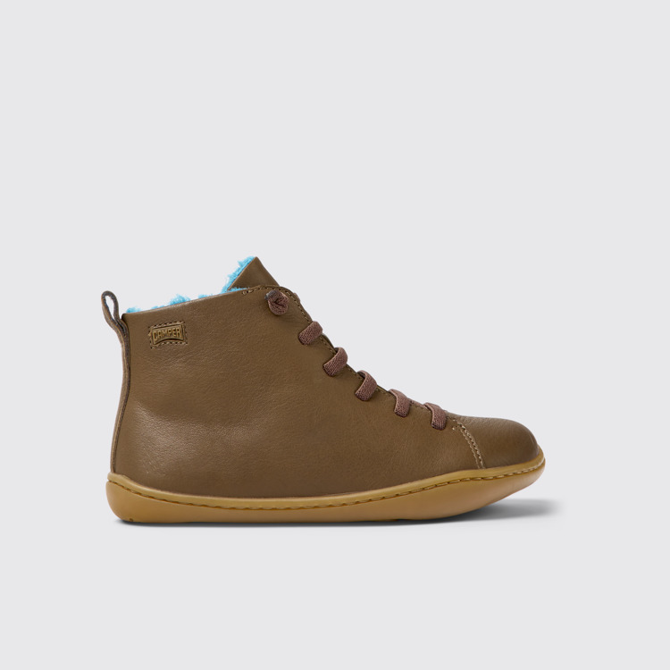 Side view of Peu Brown leather ankle boots for kids