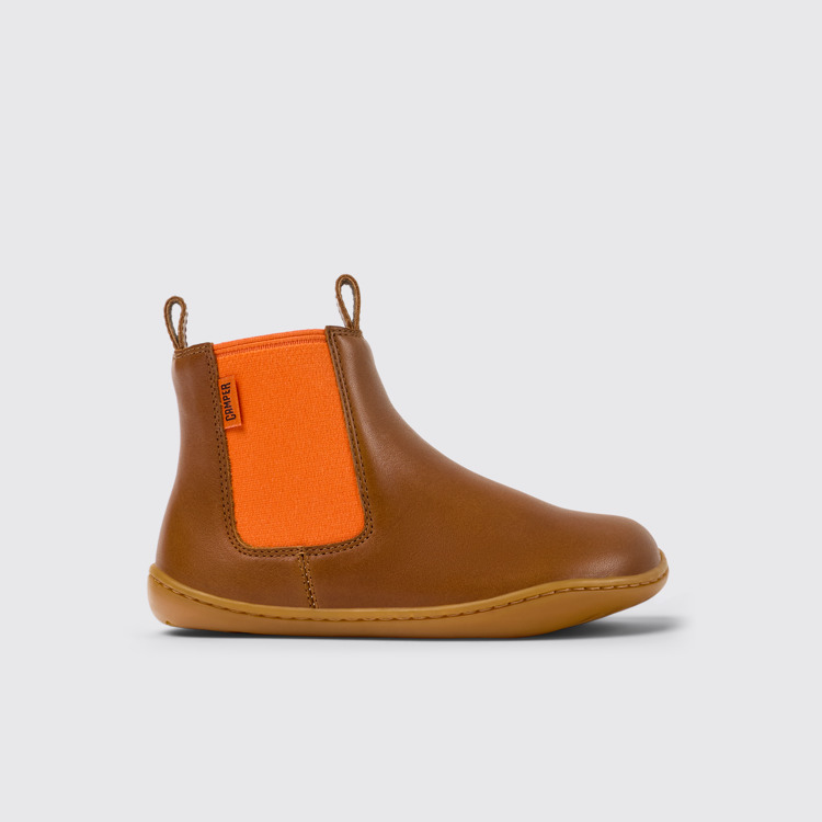 Side view of Peu Brown leather ankle boots for kids